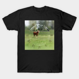 Lonely sorrel horse on green pasture T-Shirt